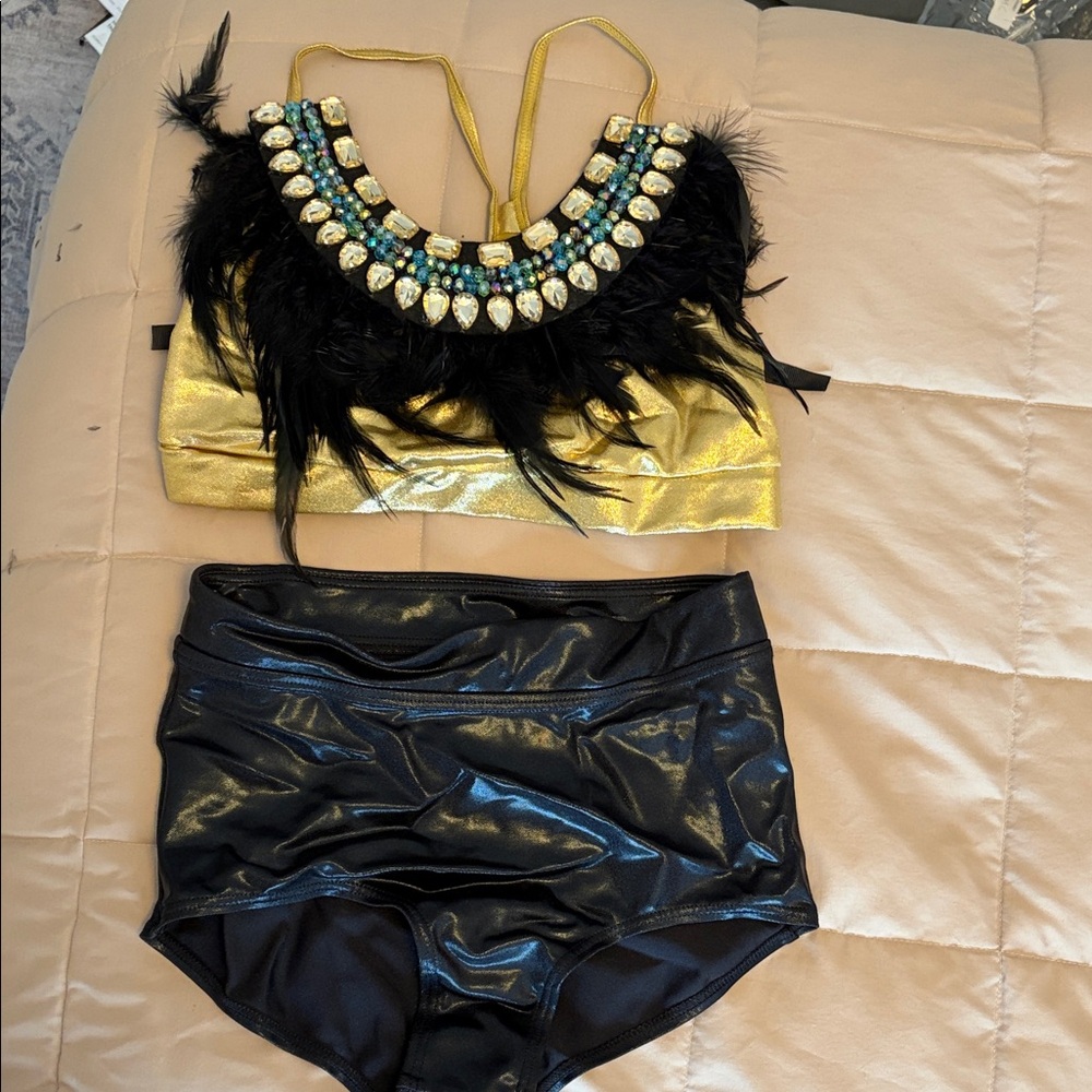 Gold and Black Feather Embellished Two Piece Set